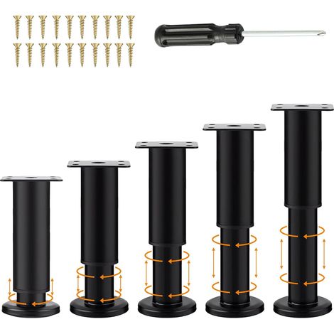 Lot de 5 pieds de meubles noirs réglables (18-30 cm), pieds de support pour canapé, avec 20 vis et 1 tournevis, installation universelle sans perçage.