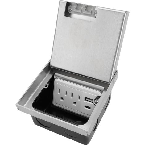 Prise encastrée double 3 broches avec ports USB A et C, boîtier de prise électrique pour sol en moquette, carrelage et marbre, argenté (1/5)