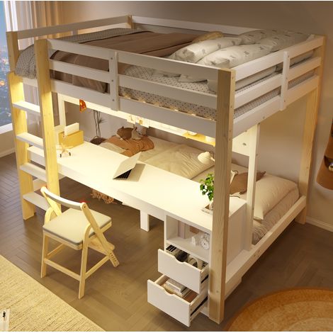 Letto a soppalco 140x200 e 90x200 in legno bianco/naturale con scrivania - MEUBLIV (1/5)