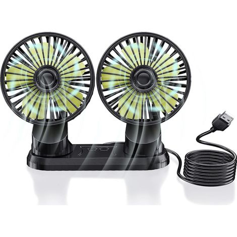 ventilateur De Voiture 12v Double Tte, Ventilateur De Vhicule Usb Portable, Rotation 360 Degrs, Ventilateur De Bureau Avec 3 Vitesses De Vent Fo (1/5)