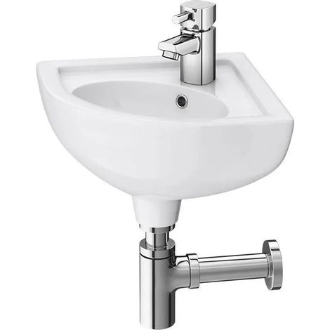 Lavabo angolare sospeso 44x36 cm salvaspazio in ceramica bianca lucida (1/3)
