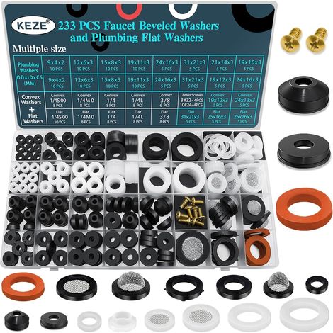 233 pièces Kit assortiment de rondelles pour plomberie et robinets pour robinets d'arrosage, de jardin extérieurs, séparateurs, joints d'étanchéité (1/5)