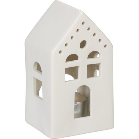 Relaxdays Casetta Portacandele in Ceramica, Casa Luminosa Porta-Tealight, per 1 Candelina, HLP: 12 x 6,5 x 6 cm, Bianco