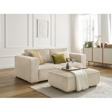 BOBOCHIC - Canapé droit fixe 2 places CHELSEA gros côtelé doux avec pouf Taupe (1/5)
