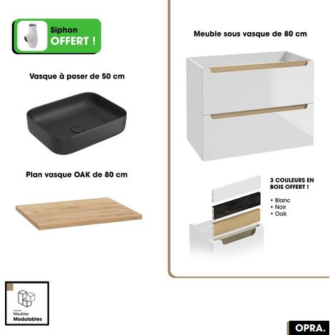 Ensemble meuble sous vasque avec plan et vasque à poser - Siphon OFFERT OPRA Blanc-Oak 80 × 60 × 45 cm (1/5)