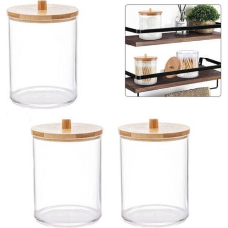 Lot de 3 porte-tampons en coton avec couvercles en bambou, boîtes à cotons-tiges, boîtes de rangement rondes pour salle de bain, pots de rangement transparents pour élastiques à cheveux, fil dentaire (1/4)