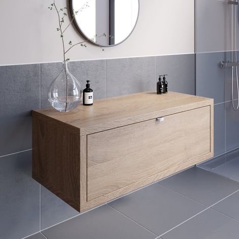 Bathroom Oak Wall Hung Vanity Unit and Basin Sink Cabinet Storage 1100mm with No Basin (1/5)