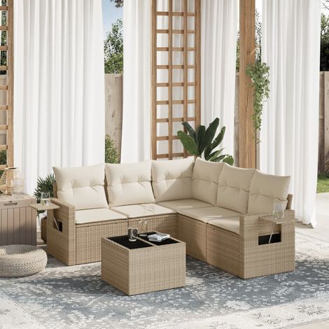 Ensemble de canapé de jardin 6 pièces avec coussins, en polyrotin beige (1/3)