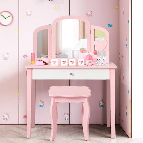 COSTWAY Kinder 2 in 1 Schminktisch Set, Frisiertisch mit dreifach klappbarem Spiegel & Schublade, Kosmetiktisch mit Schminkhocker, Schminkkommode Rosa (1/5)