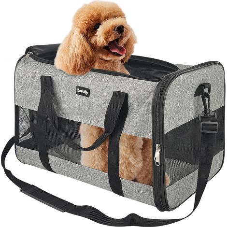 Sac Transport Chat Chien, Sac Transport Respirant et Pliable, Caisse de Transport Chat avec Bandoulière Réglable, Matelas en Peluche Amovible, L, Gris (1/5)