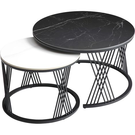 LUZ - Tables Gigogne Plateaux Céramique Marbrés Noir et Blanc Pieds Métal Noir (1/4)
