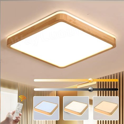 Plafonnier LED en bois Ø 50 cm, 3000-6000 K Lampe carrée en bois naturel avec éclairage à 360° pour chambre, salon, chambre d'enfant et cuisine (gradation continue avec télécommande) [Classe énergét (1/5)