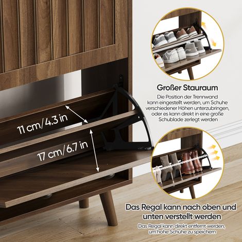 Armoire à chaussures en noyer, hauteur 60 cm, rangement vertical à surface cannelée, style médiéval, idéale pour couloirs, passages et entrées. (1/5)