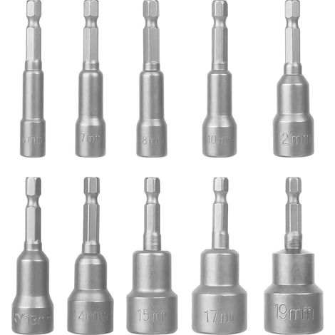 Magnetic Hex Socket Set of 10 Hex Socket Wrench Set Metric Nut Drivers 6-19 mm, for Hand Drill, Socket Wrench (1/5)
