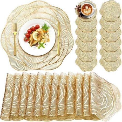 Set of 12 15 Inch Round Pressed Vinyl Placemats, Rose Pattern, with Non-Slip Metal Coasters, Perfect for Weddings, Restaurants and Kitchens (Gold) (1/4)