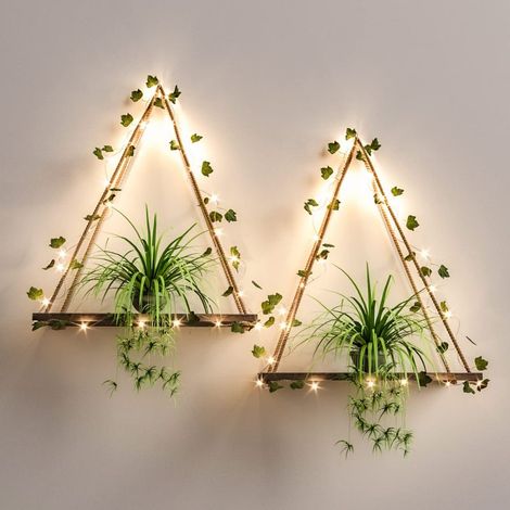 Set aus 2 hängenden Wandregalen aus Holz mit LED-Streifen und künstlichem Efeu, Makramee-Regal für Schlafzimmer, Badezimmer, Wohnzimmer und Küche, Wanddekoration.