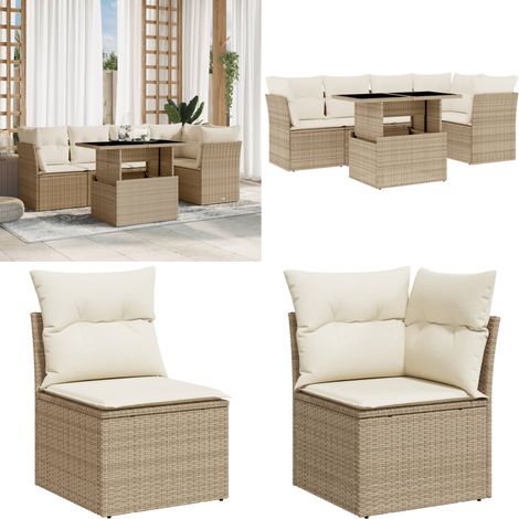 6-tlg. Garten-Sofagarnitur mit Kissen Beige Poly Rattan - Gartensorte - Gartenmöbelset - PE-Rattan Möbel - Outdoor Sofa - Lounge Set - Home & Living (1/5)