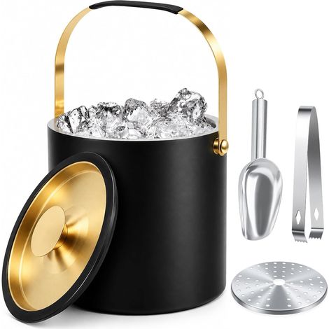 Seau à Glace en Acier Inoxydable 3.2L, Double Paroi Isolante avec Couvercle, Pinces, Pelle à Glace et Passoire, Seau à Glace Isotherme Double Paroi, pour Bière, Vin, Bar à Cocktails (1/5)