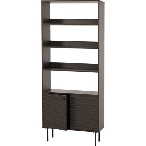 Bibliothèque design scandinave 200 cm étagère haute avec rangements et portes en bois foncé et métal 040009761 (1/5)
