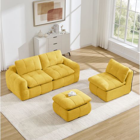 Divano modulare angolare 3 posti in ciniglia con ottomana, giallo, OKWISH (1/5)