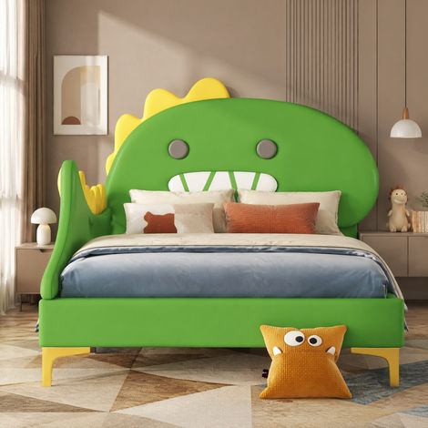 DESMIU Lit enfant 90 × 200 cm 1 place avec tête de lit dinosaure, sans matelas, en PU et MDF, vert (1/5)