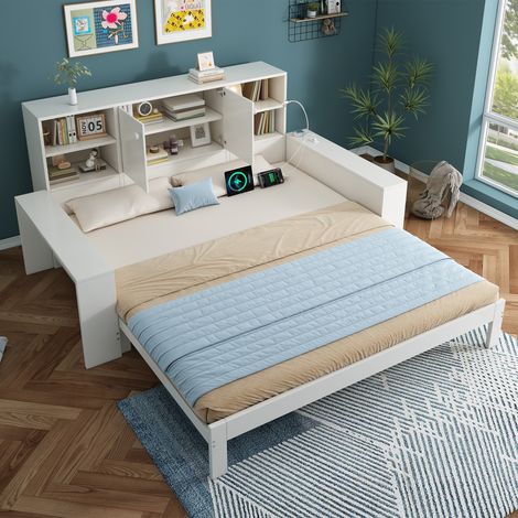 REDOM Letto estraibile 90x200 cm con secondo letto, vani portaoggetti e porte USB USB C MDF e compensato bianco (Senza materasso)