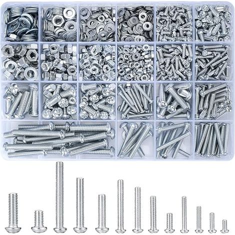 1080pcs M3 M4 M5 M6 Screw Set with Hex Nuts and Round Head Round Head Phillips Threaded Machine Screws Assortment Kit (Silver 1080)