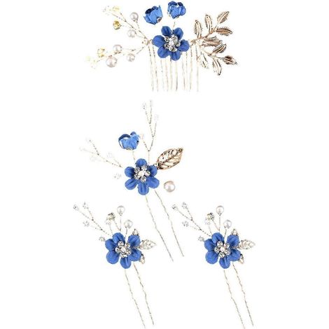 Lot de 4 épingles à cheveux décoratives en fausses perles et fleurs, avec peigne latéral, pour mariage ou mariée.-Royal Blue (1/5)