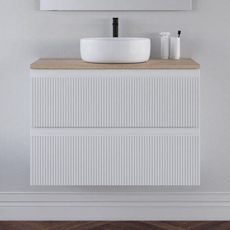 Meuble de salle de bain 80cm avec plateau cambrian et vasque à poser ronde - sans miroir - 2 tiroirs - blanc - RIBERA (1/5)