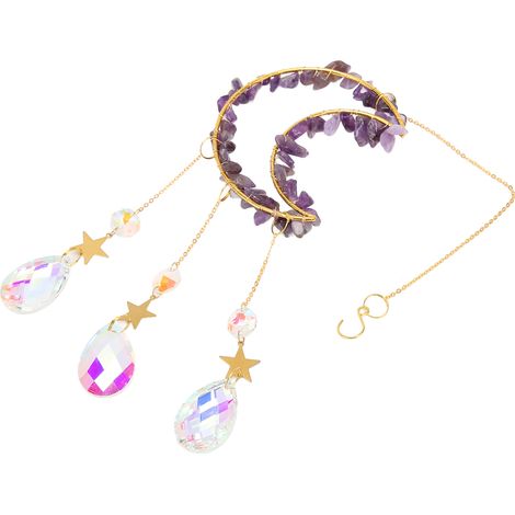 Carillon éolien en forme de lune et de galets - Décoration artisanale - Pendentif soleil à faire soi-même - Attrape-soleil en améthyste (1/5)