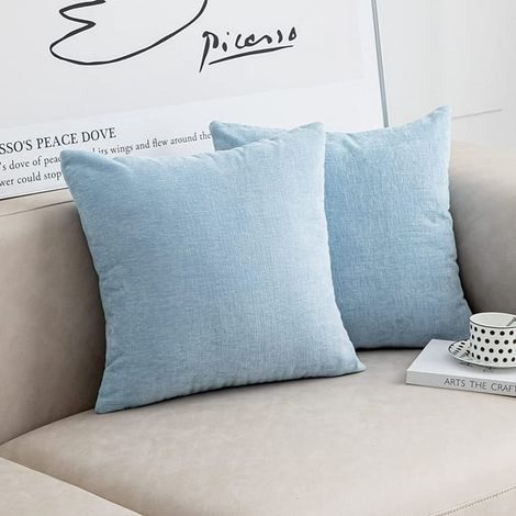 Housse de coussin bleu clair 20x20 cm, lot de 2, moderne rustique, taie carrée décorative pour canapé, salon, maison. (1/5)