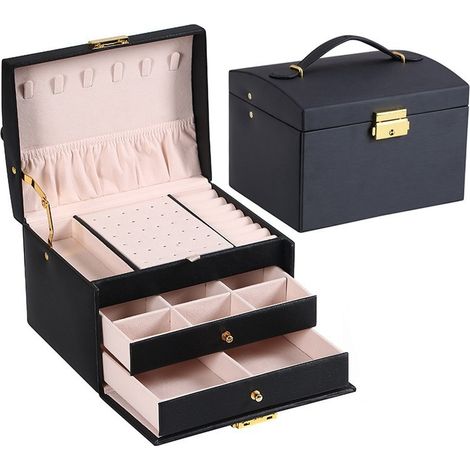Wasserdichte Reise-Schmuckbox aus Leder – drei Ebenen, zwei Schubladen – geeignet zur Aufbewahrung von Ringen, Ohrringen, Halsketten und Armbändern (schwarz).