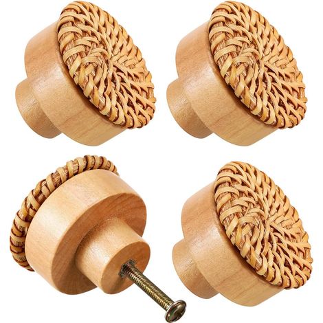 Boutons de Meuble en Bois et Rotin Tissé, Lot de 4 Vis et Fixation Incluses, Prise Confortable, Style Boho Élégant pour Armoires et Mobilier (1/4)
