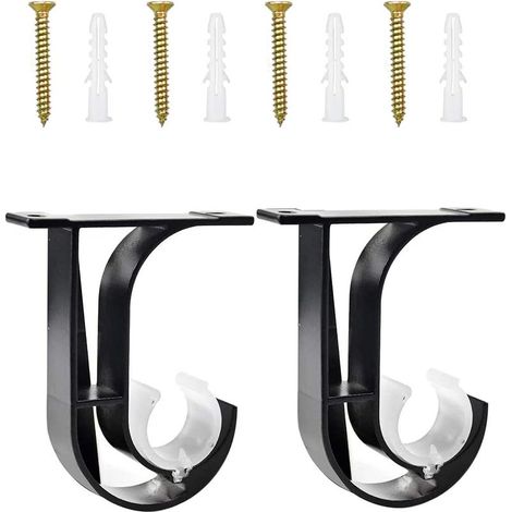 supports de fixation au plafond, noirs, pour tringle à rideaux, en alliage d'aluminium, avec 4 vis et chevilles d'expansion (un crochet), noirs (1/4)