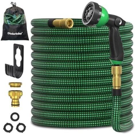Tuyau Arrosage Extensible 15m/50ft, D’arrosage avec 1/2" et 3/4" Adaptateurs, 10 Modes d'Arrosage, Latex Triple Épaisseur Durable Raccords Sac, Vert 15 m (1/5)