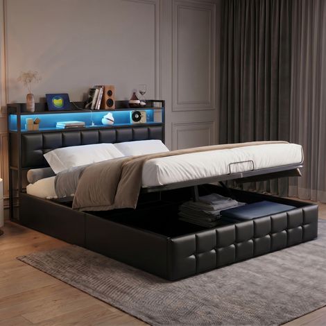 Lit coffre 160x200 cm avec sommier à lattes, lit double capitonné, tête de lit avec rangement, éclairage LED RGB, USB/ C, PU - Noir