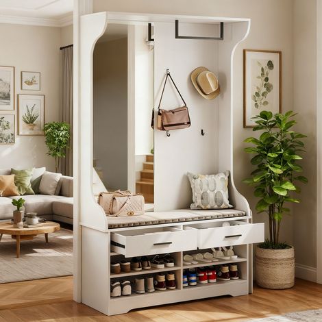 Ensemble de meubles de couloir avec armoire à chaussures, 104x35x180 cm, ensemble de meubles de couloir avec banc à chaussures, crochets, miroir et tringle à vêtements pour entrée (1/5)