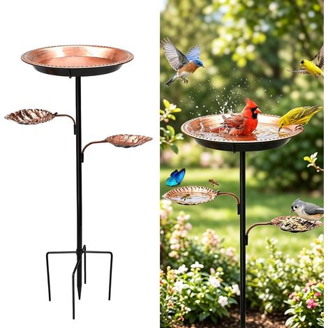 Bain Oiseaux Exterieur, 92,5 cm Station Abreuvoir en Métal avec Socle à 5 Branches, Résistante Intempéries Mangeoire Oiseauxs Sauvages Décoratif pour Jardin Terrasse, Cuivre (1/5)