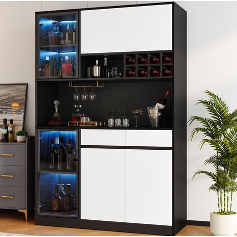 Aparador alto con LED, vitrina y almacenaje, 120 x 35 x 180 cm, MDF negro y blanco HAVRYA (1/5)