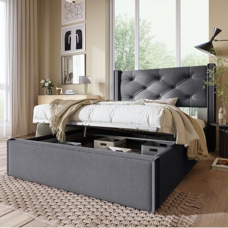 Bett Polsterbett Retro 90x200 cm Baumwolle Grau mit gestepptem Kopfteil, Lattenrost und hydraulischem Stauraum (1/5)