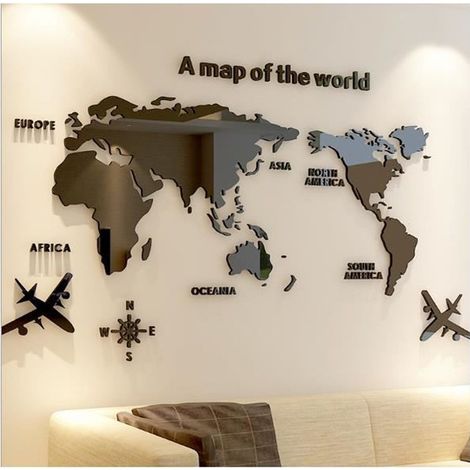 1 pièce Sticker Mural Carte du Monde 3D, Noir, Plastique+Acrylique, 1,20 x 0,60 m, Décoration murale intérieure pour salon, bureau ou chambre d'ado