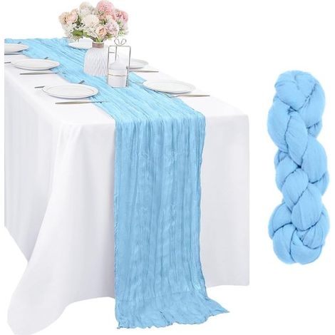 Stilvoller Tischläufer aus Baumwolle 300 x 90 cm - Tischdecke im Bohème-Stil, geeignet für Hochzeiten, Partys und Dekoration, hellblau. (1/5)