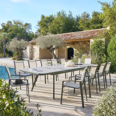 Hesperide – Table de jardin extensible 12 places en aluminium et verre – Longueur 250-327 cm – Plateau en verre céramique – Traitement antirouille