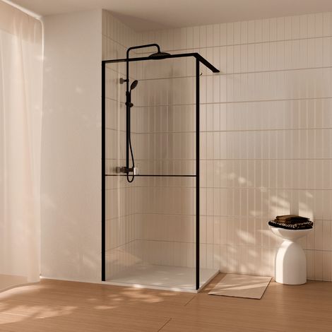 paroi de douche 90x200cm - cadre et étagère noir mat - verre 8mm anticalcaire - ethan (1/5)