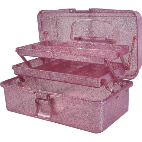 Boîte de rangement rose pailletée pour outils de loisirs créatifs, boîte de rangement empilable à 3 niveaux pour matériel de couture et accessoires artistiques. (1/5)