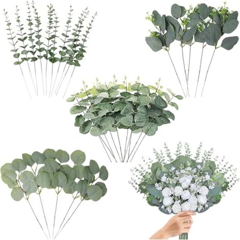 Lot de 30 tiges d'eucalyptus artificielles en Vrac, 4 Types mélangés de Feuilles d'eucalyptus argentées artificielles pour Vase de Mariage, Bouquet Floral, Centre de Table, décoration (1/5)