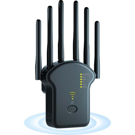 Répéteur Wi-FI, Amplificateur WiFi 1200 Mbit/s, Double Bande 2,4 GHz + 5 GHz, avec Mode Répéteur/Routeur/Point d'accès, 6 Antennes, Extension de Portée Wi-FI avec Port LAN/WAN (Noir) (1/5)
