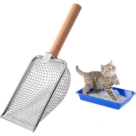Paletta per lettiera per gatti - Metallo - con manico in legno - Porosità 4 mm - Paletta per gatti