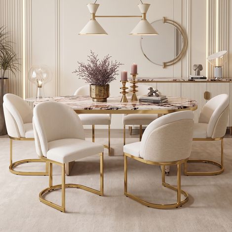 6 sillas de comedor, cómodas y transpirables, adecuadas para restaurantes, salas de estar, cafeterías y otros lugares, estilo moderno, patas de silla galvanizadas en color dorado, tela de chenilla, be (1/5)