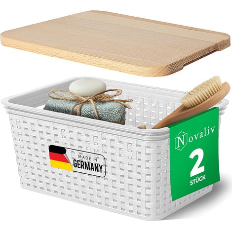 Novaliv lot de 2 paniers de rangement élégants avec couvercles en bois aspect rotin Plastique alimentaire blanc 5L Parfait pour la salle de bain